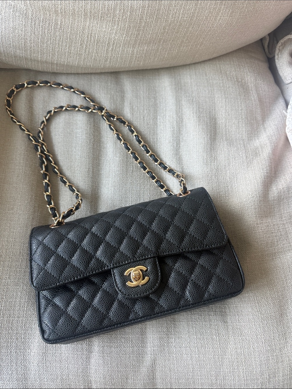 Black Quilted Wallet-on-Chain with Gold Hardware